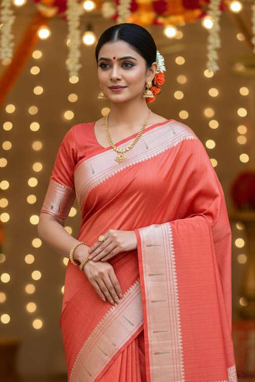 PASTEL ORANGE KANJIVARAM TISSUE MUNIYA PAITHANI